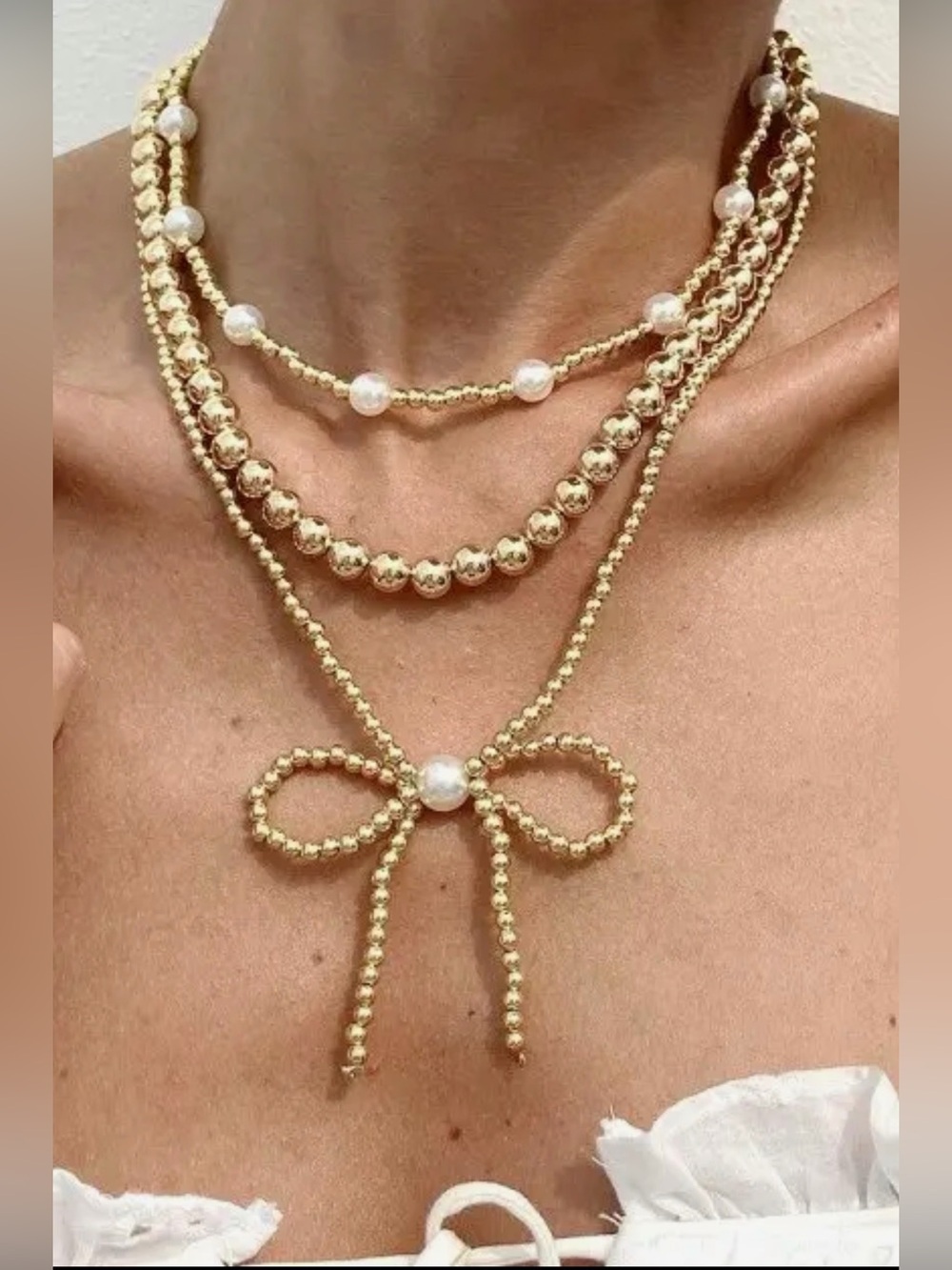 Gold Multilayer Bead Pearl Bow Necklace (3320) - Picture 2 of 4